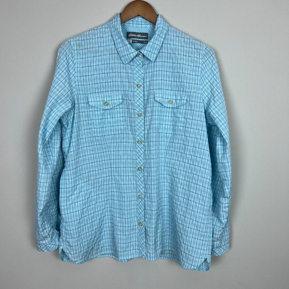 Eddie Bauer Travex Shirt Women Large Blue Long Roll Tab Sleeve Button Up Vented